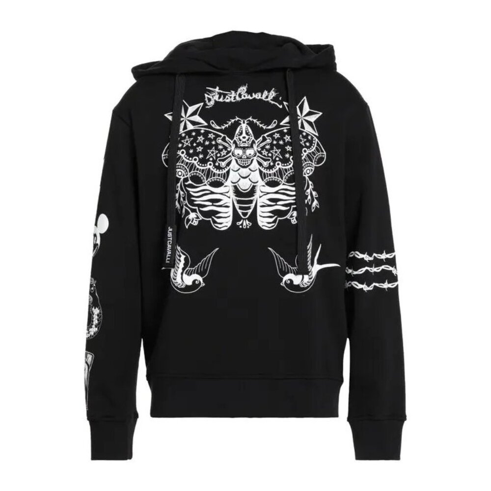Just Cavalli Graphic Hoodie Black French Terry Print Men’s Size M NWT